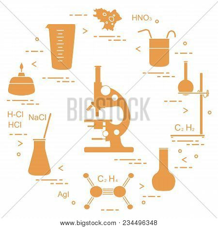 Chemistry Scientific, Education Elements: Microscope, Flasks, Tripod, Formulas, Beaker, Burner, Amoe
