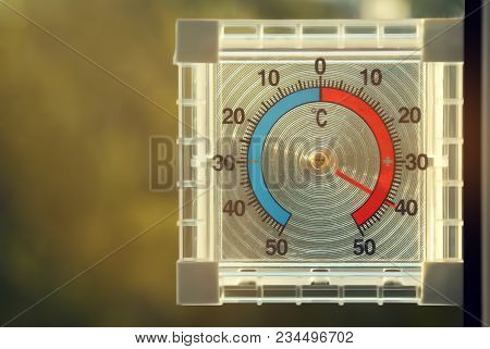 A Plastic Transparent Square Thermometer Shows A High Temperature Of 40 Degrees Celsius