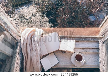 Old window with the view from inside on blooming tree in backyard. Opened book, cup of tea or coffee and knitted sweater on windowsill. Cozy spring weekend concept.