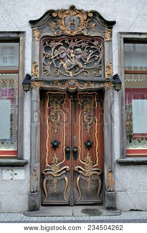 Ancient  decorated door in baroque style in Gdansk, Poland.

