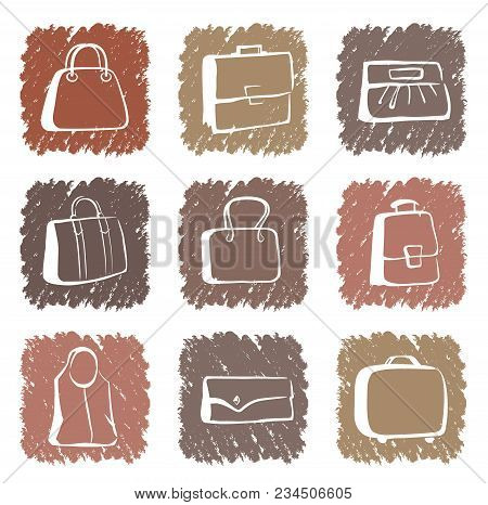 Planimetric Sketches Of Bags And Suitcases. Vector Icons