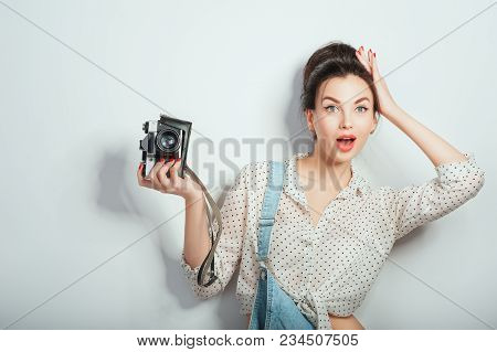 Fashion Look, Pretty Cool Young Woman Model With Retro Camera Wearing In Denim Clothes Posing On Whi