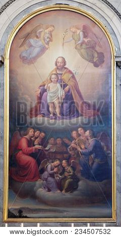 TRIESTE, ITALY - SEPTEMBER 30: Saint Joseph by Josef Schonmann, altarpiece in the church Sant'Antonio Nuovo in Trieste, Italy, on September 30, 2017.