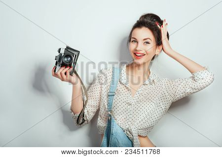 Fashion Look, Pretty Cool Young Woman Model With Retro Camera Wearing In Denim Clothes Posing On Whi
