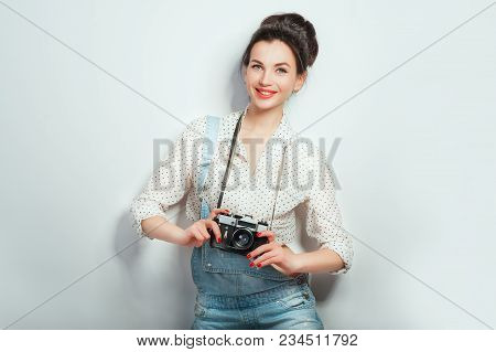 Fashion Look, Pretty Cool Young Woman Model With Retro Camera Wearing In Denim Clothes Posing On Whi