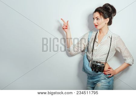 Fashion Look, Pretty Cool Young Woman Model With Retro Camera Wearing In Denim Clothes Pointing On C