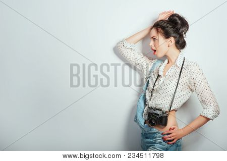 Fashion Look, Pretty Cool Young Woman Model With Retro Camera Wearing In Denim Clothes Posing On Whi