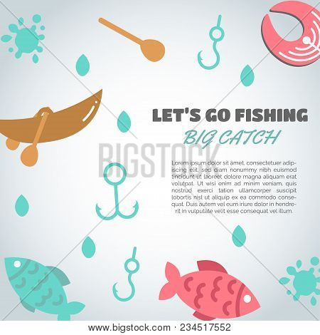 Fishing Background. Big Catch Text. Background With Quote About Fishing. Flat Fish Icons, With Net O