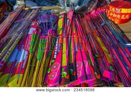 Harbin, China - Feb 19, 2017. Stack Of Red Firecrackers For Sale At Local Market In Harbin, China.