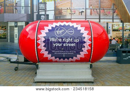 Bracknell, England - April 03, 2018: A Closed Virgin Media Marketing Stand In The Form Of A Capsule 