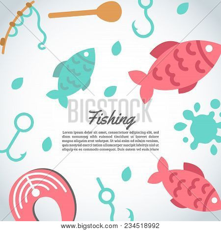 Fishing Background. Fishing Text. Background With Quote About Fishing. Flat Fish Icons, With Net Or 