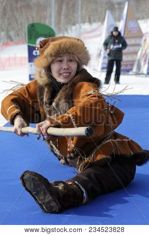 Kamchatka Peninsula, Russia - Mar 1, 2018: Dancer In National Clothes Of Indigenous People Of Kamcha