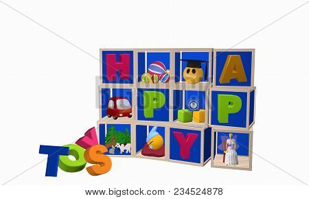 Box With Toys And Toys As A Heap. 3d Rendering