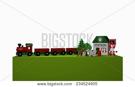 Wooden Toys For A Railway With Text Station In English On A Green Pedestal. 3d Rendering