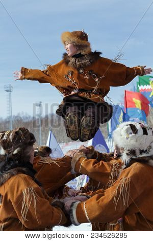 Petropavlovsk City, Kamchatka Peninsula, Russia - Mar 1, 2018: Incendiary Dance Of Indigenous Inhabi