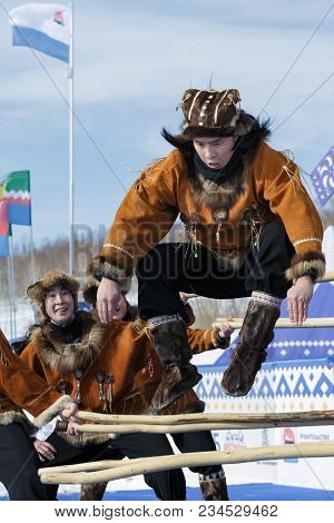 Petropavlovsk City, Kamchatka Peninsula, Russia - Mar 1, 2018: Incendiary Dance Of Indigenous Inhabi