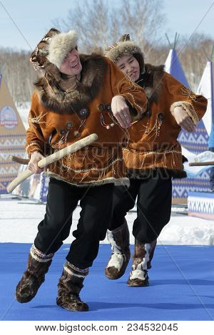 Petropavlovsk City, Kamchatka Peninsula, Russia - Mar 1, 2018: Incendiary Dance Of Indigenous Inhabi