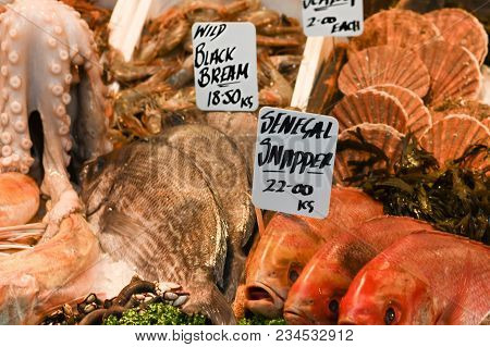 Collection Of Fish On Display At A Fishmonger In A London Food Market.