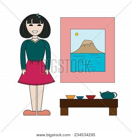 Asian Girl In A Small Japanese Restaurant.