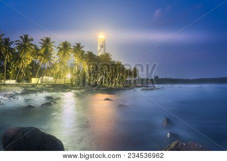 View Of Lighthouse Dondra And Lights At Night Matara, Sri Lanka