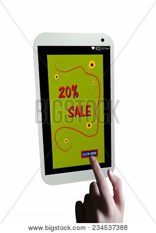 Mobile With Ad 20% Sale And A Finger Pressing On A Button. 3d Rendering