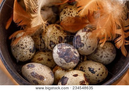 Quail Eggs In A Black Cup Close-up. A Lot Of Quail Eggs In A Cup.