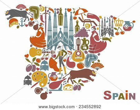 Traditional Symbols Of Spain In The Form Of A Map.