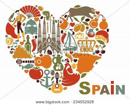 The Symbols Of Spain In Heart Shape. Vector Illustration