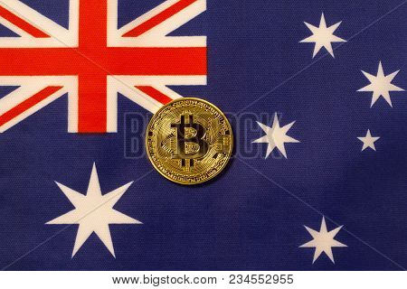 Bitcoin On Ausralian Flag, Textile Texture.  Cryptocurrency, Coin, Metallic, Shine, Flag, Textile,