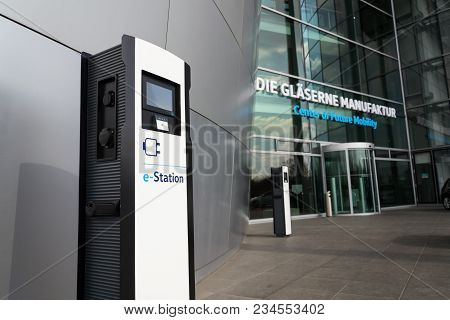 Dresden, Germany - April 2 2018: Electric Car Charging Station In Front Of The Volkswagen Glaserne M