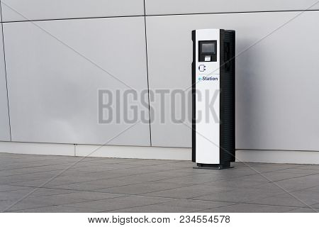 Dresden, Germany - April 2 2018: Electric Car Charging Station In Front Of The Volkswagen Glaserne M