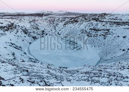 Beautiful Scenic Landscape With Frozen Volcanic Lake Kerid In Iceland