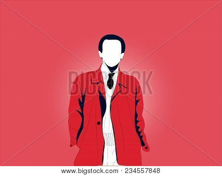 A Simple Basic Illustrated Adult Man With A Red Coat, Black Tie, And White Shirt. Vector Illustratio