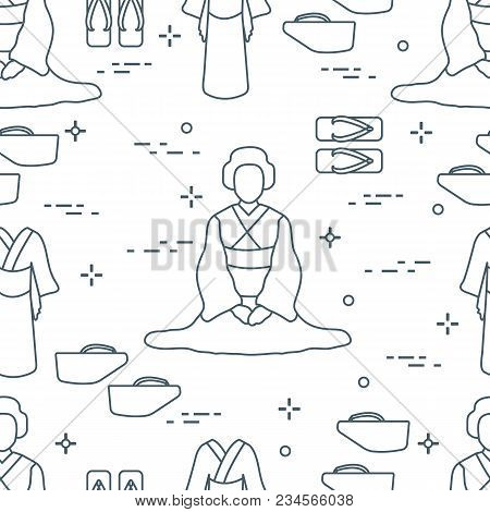 Seamless Pattern With Asian Woman, Traditional Japanese Clothing, Shoes. Travel And Leisure.