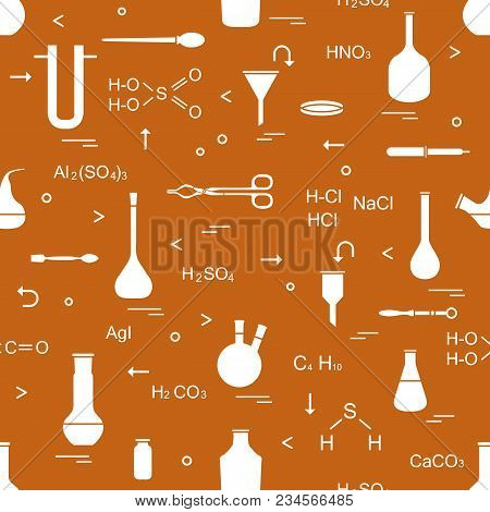 Pattern With Chemical, Biological, Scientific, Education And Research Elements: Flasks, Formulas, Be
