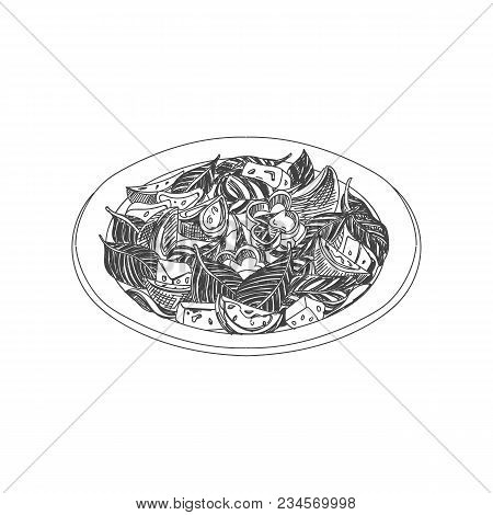 Beautiful Vector Hand Drawn Restaurant Stuff Illustration. Detailed Retro Style Salad With Tomatoes 