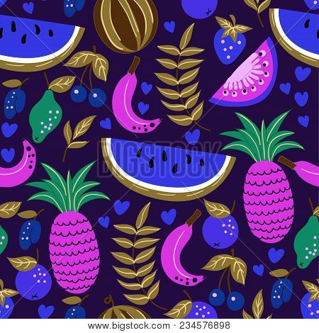 Seamless Pattern Of Fruits, Watermelon, Melon, Strawberry, Cherry, Plum, Kiwi.