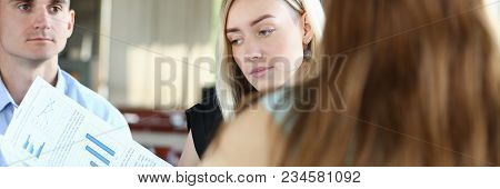 Businessmen Stady Documents In Cafe. Discuss Chart Report