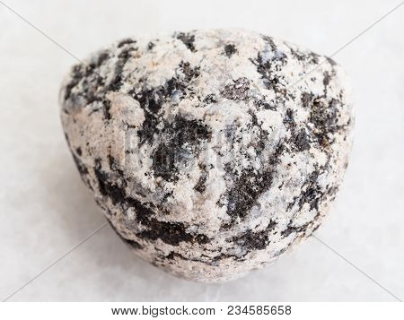Macro Shooting Of Natural Mineral Rock Specimen - Pebble Of Diorite Stone On White Marble Background