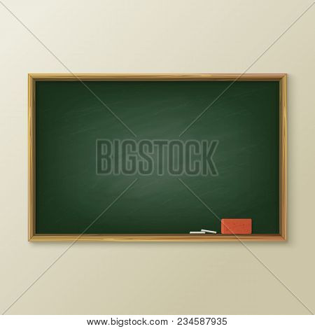 Empty Blackboard Or Blank Classboard, Education Chalkboard On Wall Or Wooden Frame Greenboard With C