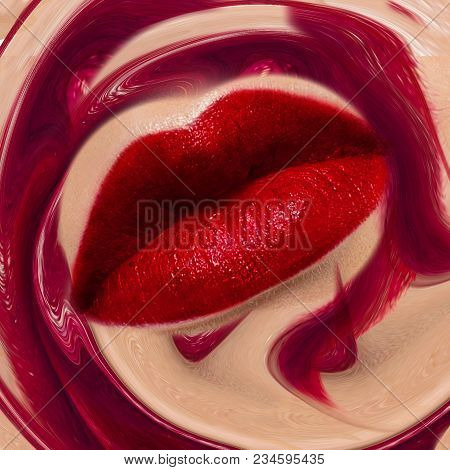 Close-up Of Woman's Smile Lips With Fashion Dark Pink Make-up. Beautiful Female Mouth, Full Lips Wit