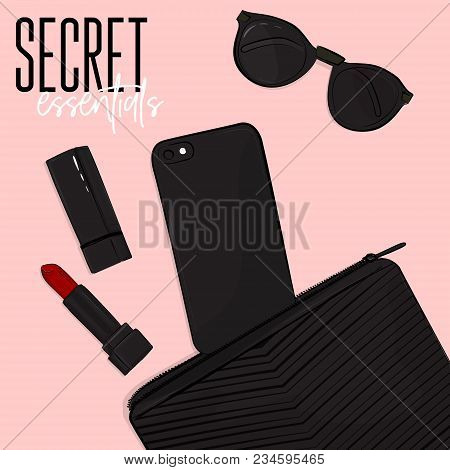 Secret Essentials Flatlay Cosmetic Bag, Phone, Lipstick, Sunglasses. Modern Purse Design. Make Up Se