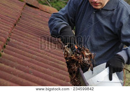Man Cleaning Dirty Gutter From Moss And Leaves. Building With Unclean Tile Roof After Winter. Spring