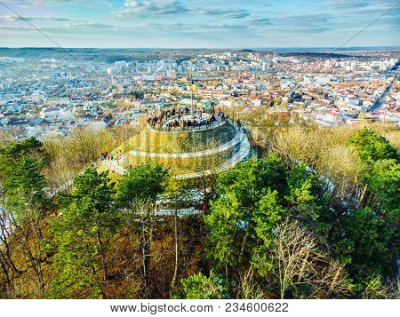 Tourists On Top Of Hill. High Castle In Lviv. Birds Eye View