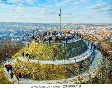 Tourists On Top Of Hill. High Castle In Lviv. Birds Eye View