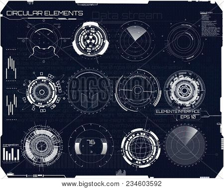 Set Of Elements In The Style Of Hud. Radar, Instruments, Panels, Sights. Futuristic User Interface. 