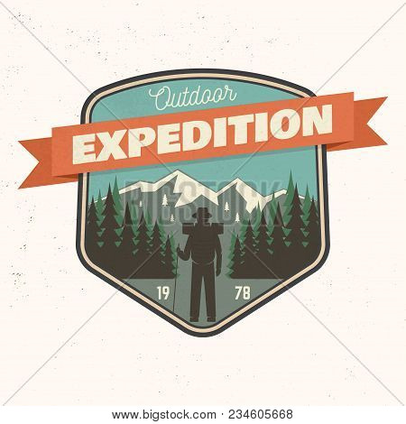 Outdoor Expedition Patch. Vector Illustration. Concept For Shirt Or Print, Stamp. Design With Hiker 