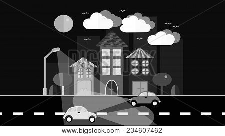 A Black And White Night City, A Small Town In A Flat Style With Houses With A Sloping Tile Roof, Car
