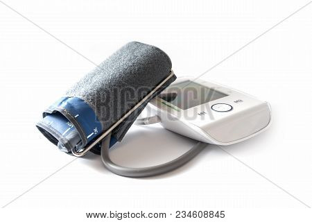 Blood Pressure Gauge With Cuff And Blank Digital Monitor To Indicate Hypertension And Pulse, Isolate