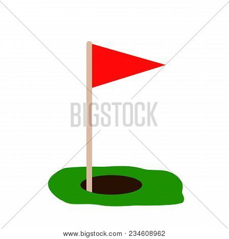 Golf Red Flag On Green Grass And Hole. Isolated On White Background. Flat Vector Illustration. Sport